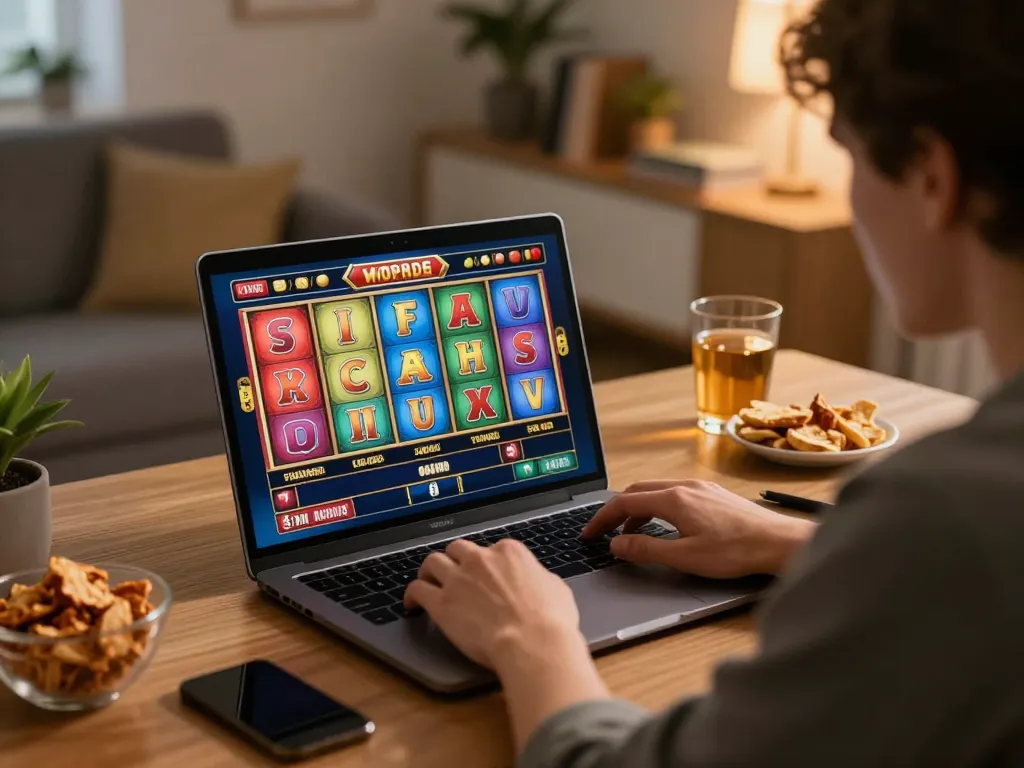 Engaging in vibrant online slot gameplay at luck8biz during a cozy home session.
