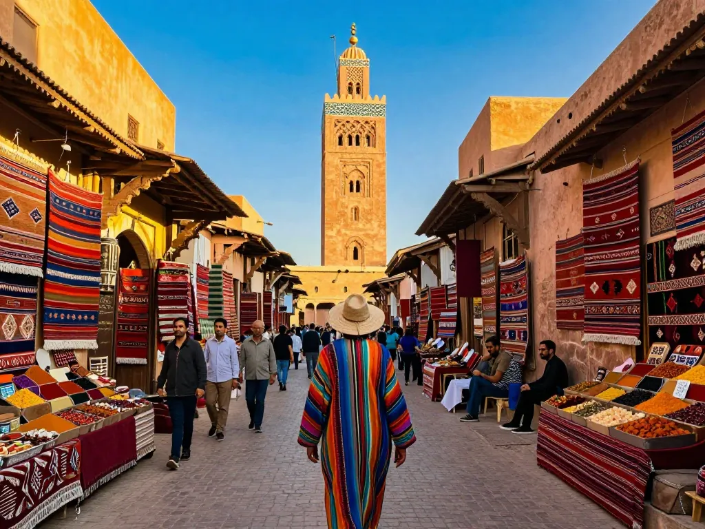 Vibrant street scene in Marrakech showcasing a traveler exploring local crafts, embodying the experience of a morocco travel company.