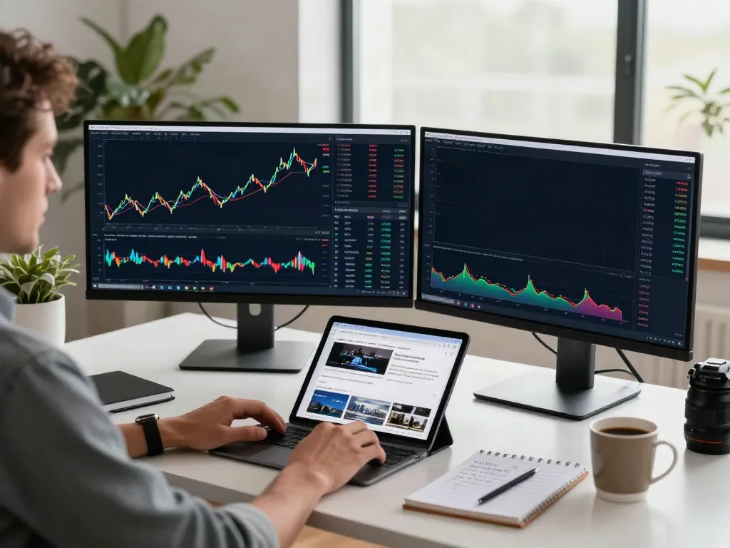 Trader using TradingView software in a modern home office, analyzing charts and market trends.