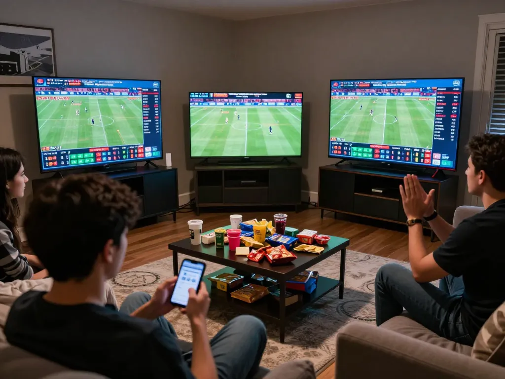 Nhandinhkeonhacai user engaged in live sports betting from a cozy home setup, showing dynamic match updates.
