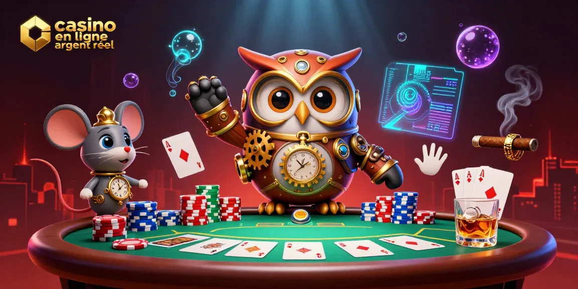 Illustration de casino en ligne argent réel avec un hibou voyageur et des éléments de jeu captivants.