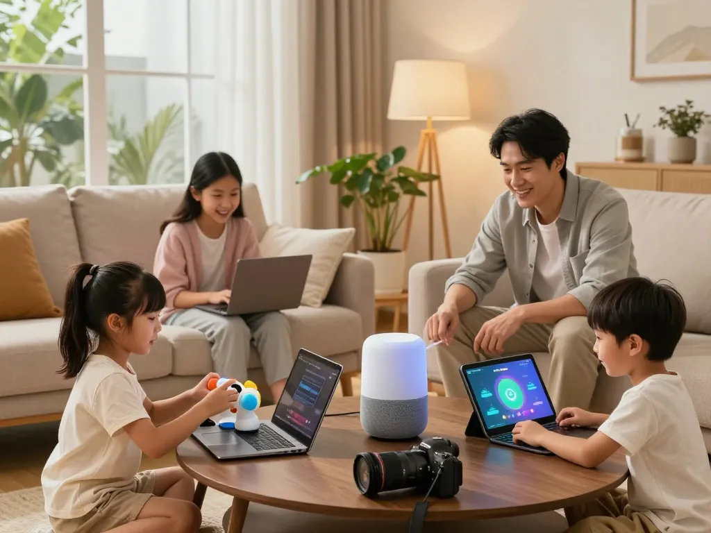 Family enjoying tech gadgets for home in a cozy living room with smart devices and ambient lighting.