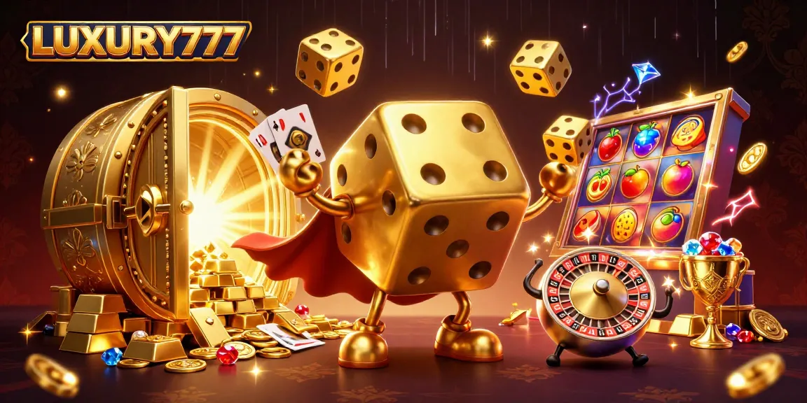 Visualisasi LUXURY777 menunjukkan golem dadu keemasan dan peti harta karun penuh kemenangan judi