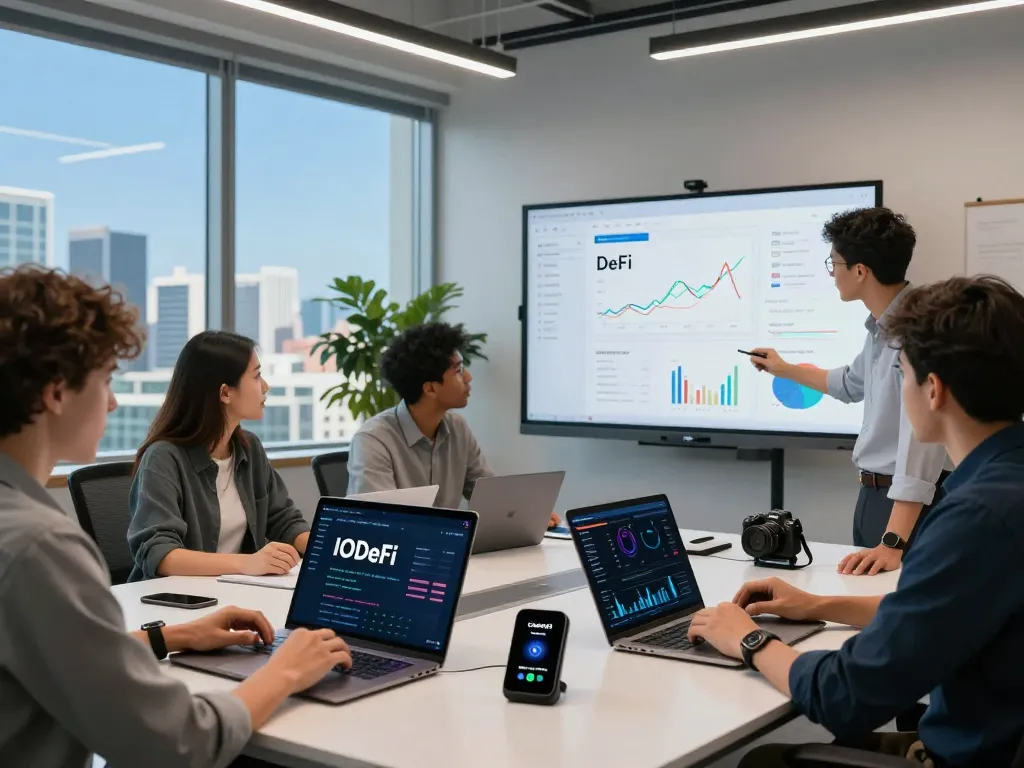 Diverse team collaborating at a modern workspace showcasing the IODeFi platform for decentralized finance innovations.
