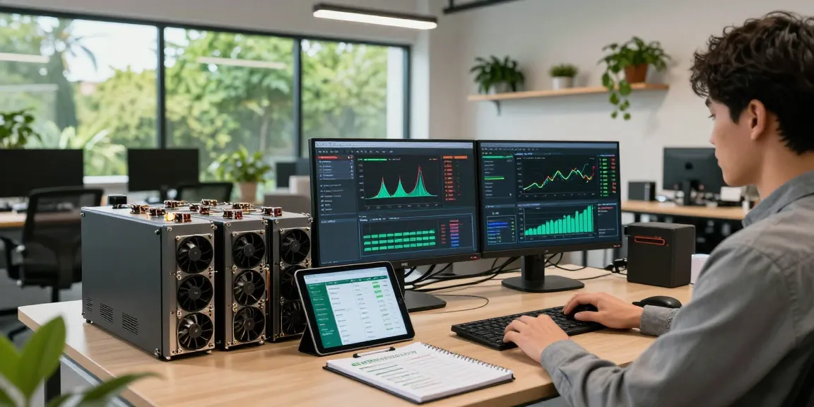 Eco friendly crypto mining setup with energy-efficient hardware and renewable resources in a modern workspace showcasing blockchain innovation.