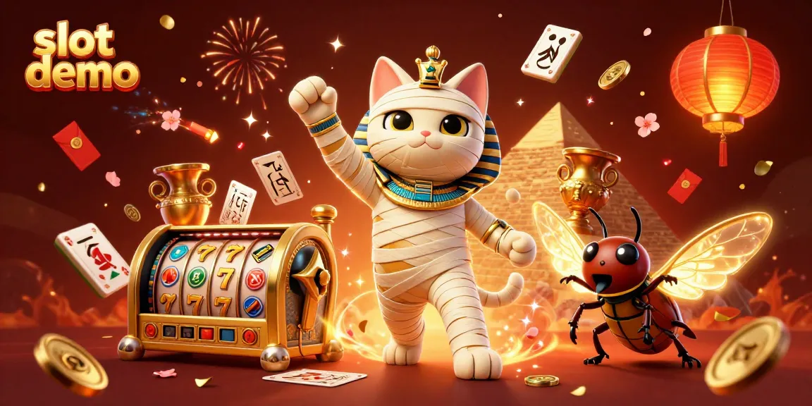 Slot demo menghadirkan permainan slot yang mendebarkan dengan simbol keberuntungan 7, reja jackpot, dan cat mummy di kasino.