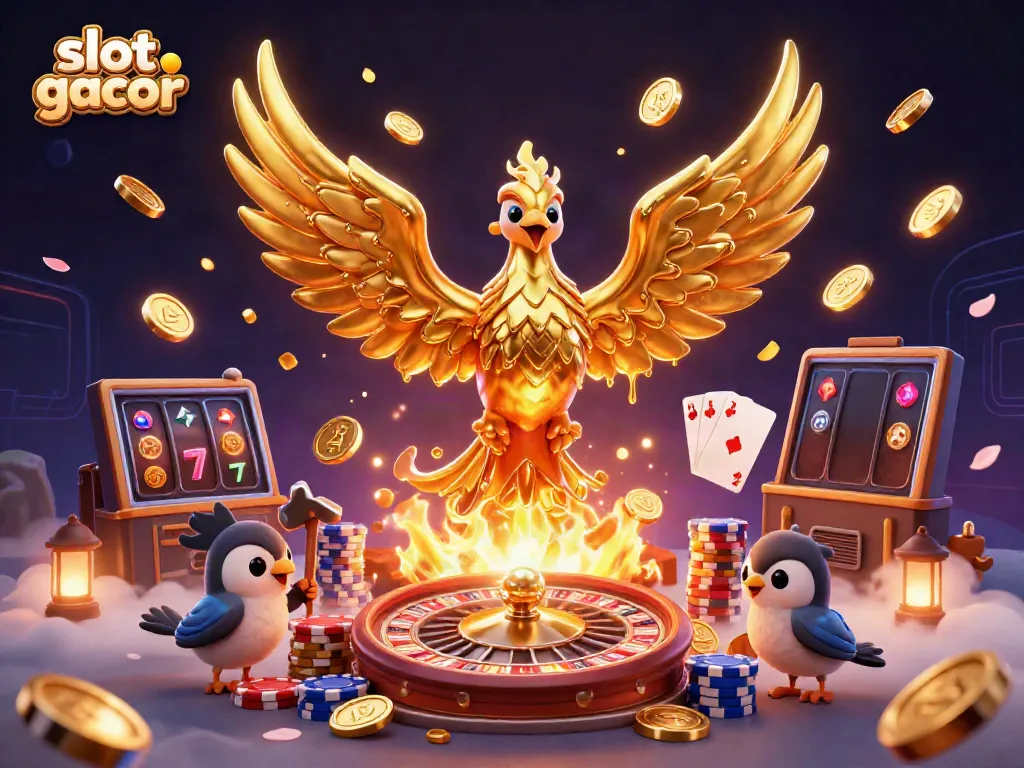 Slot gacor menampilkan phoenix emas dan permainan kasino dalam ilustrasi 3D yang menakjubkan.