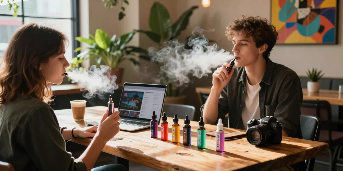 Vibrant café scene with a young adult showcasing 電子煙油 flavors while enjoying a modern vaping lifestyle.