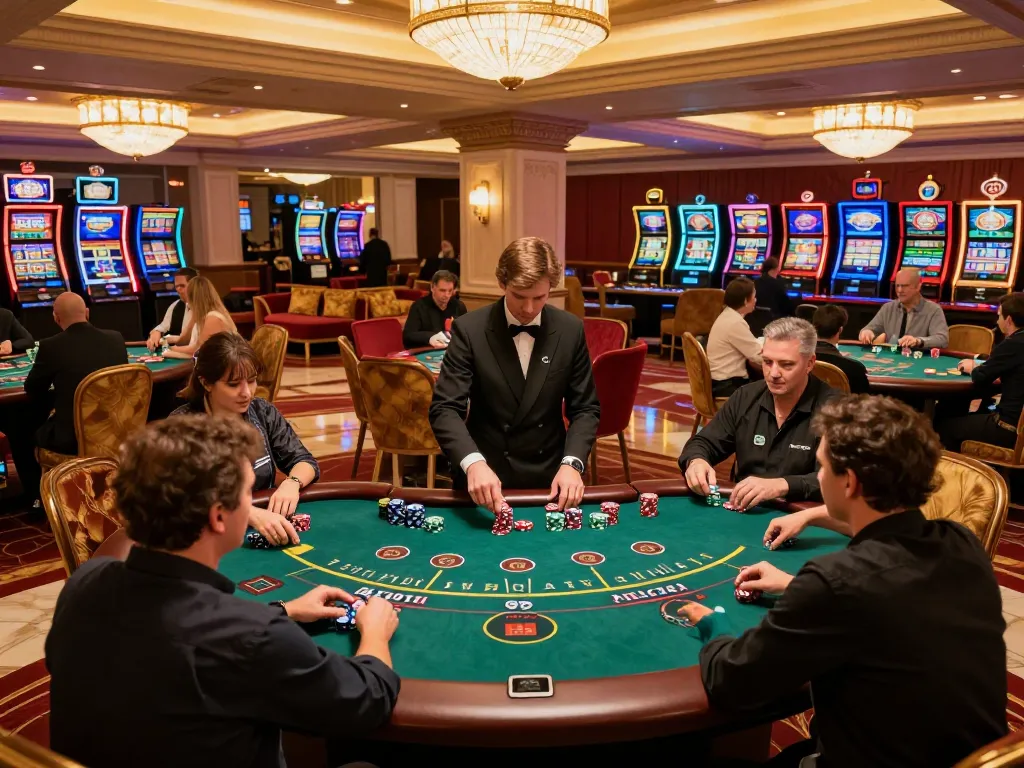 Players engaging at iWin blackjack tables in a luxurious casino, highlighting strategic gameplay