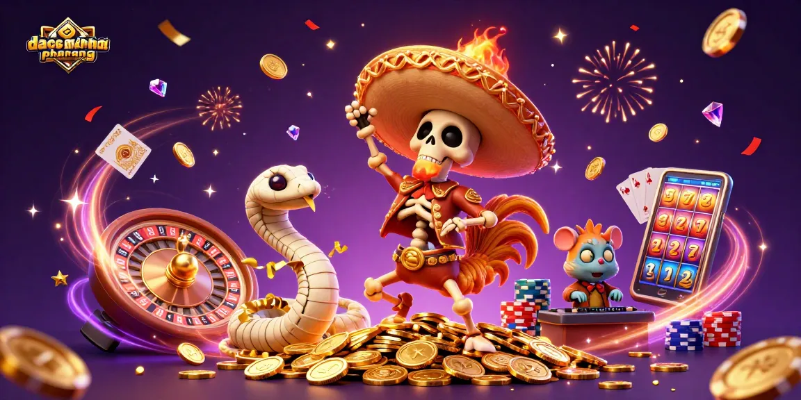 Experience dacsandatphanrang com excitement with this vibrant casino-themed illustration featuring lively characters