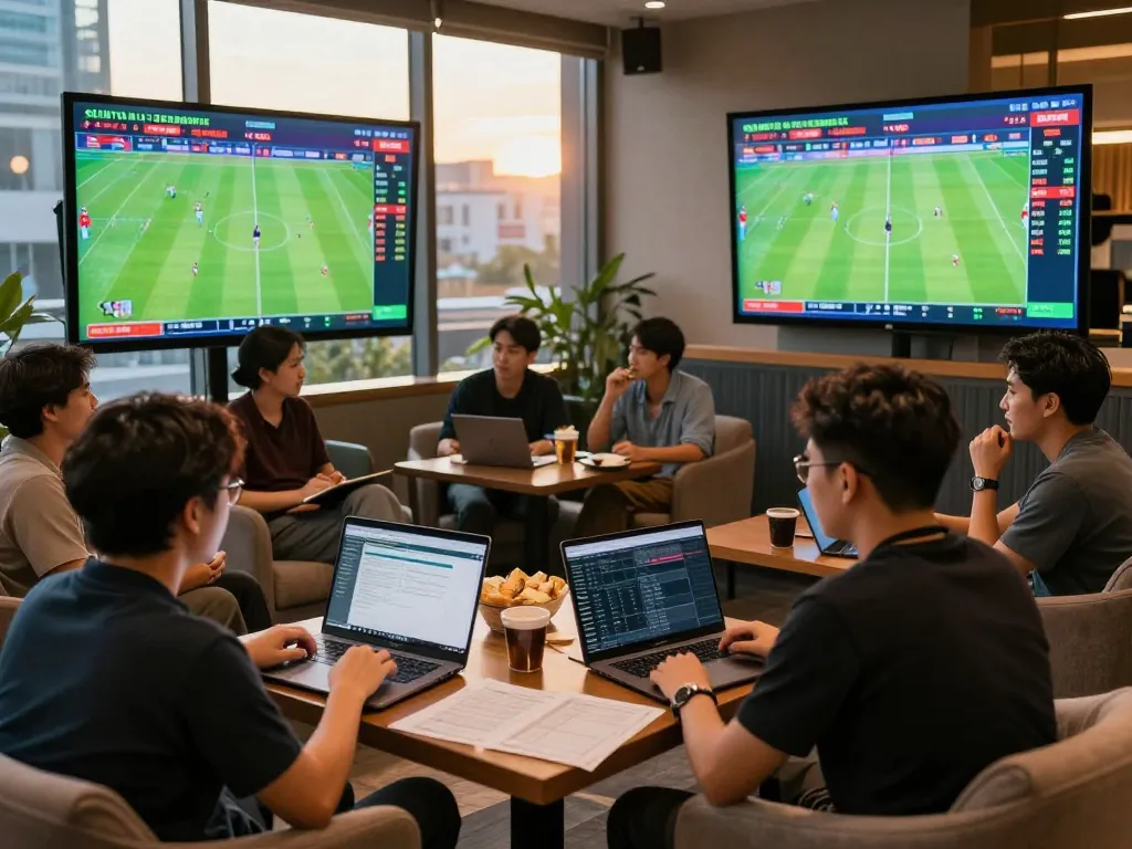 Engaged group analyzing kèo nhà cái and football odds in a lively setting.