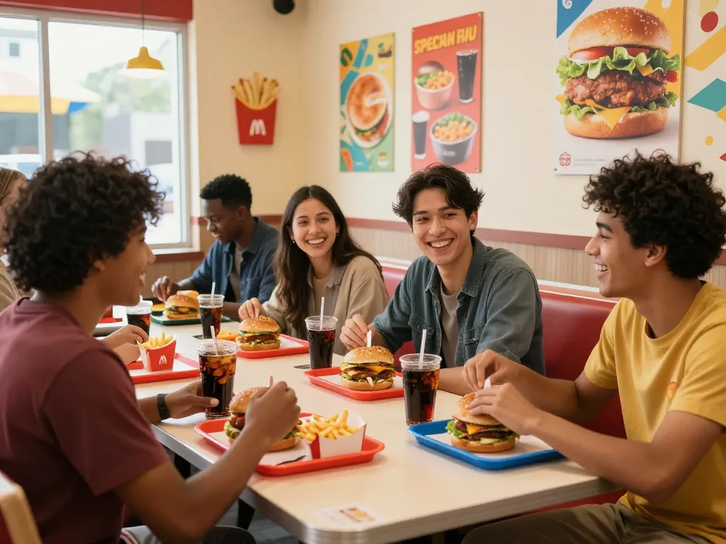 Exciting fast food menu experience with friends enjoying a colorful meal at a lively restaurant.