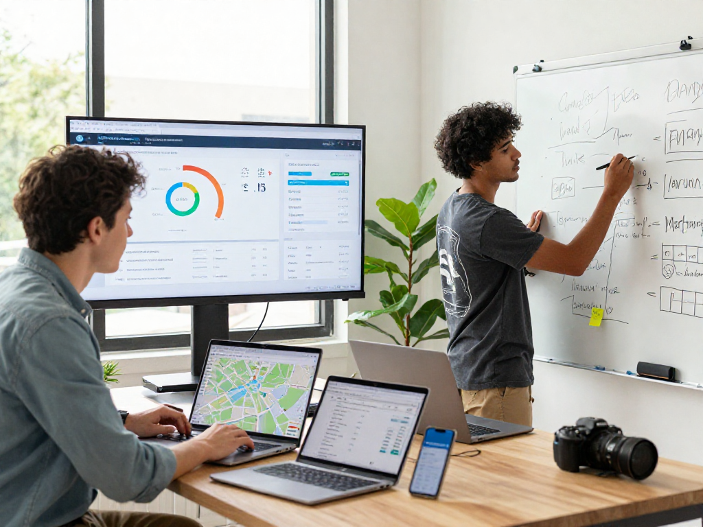 Marketing professionals analyzing data on SEO strategies as an Orange County SEO company in a modern office.