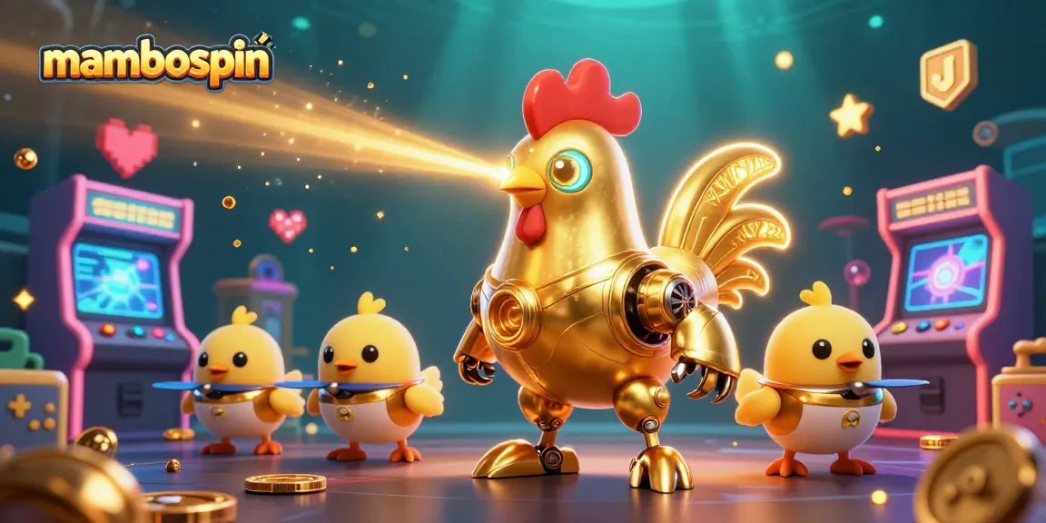 Mainkan mambospin dengan robot ayam jantan emas yang mengeluarkan laser, dikelilingi permainan kasino 3D.