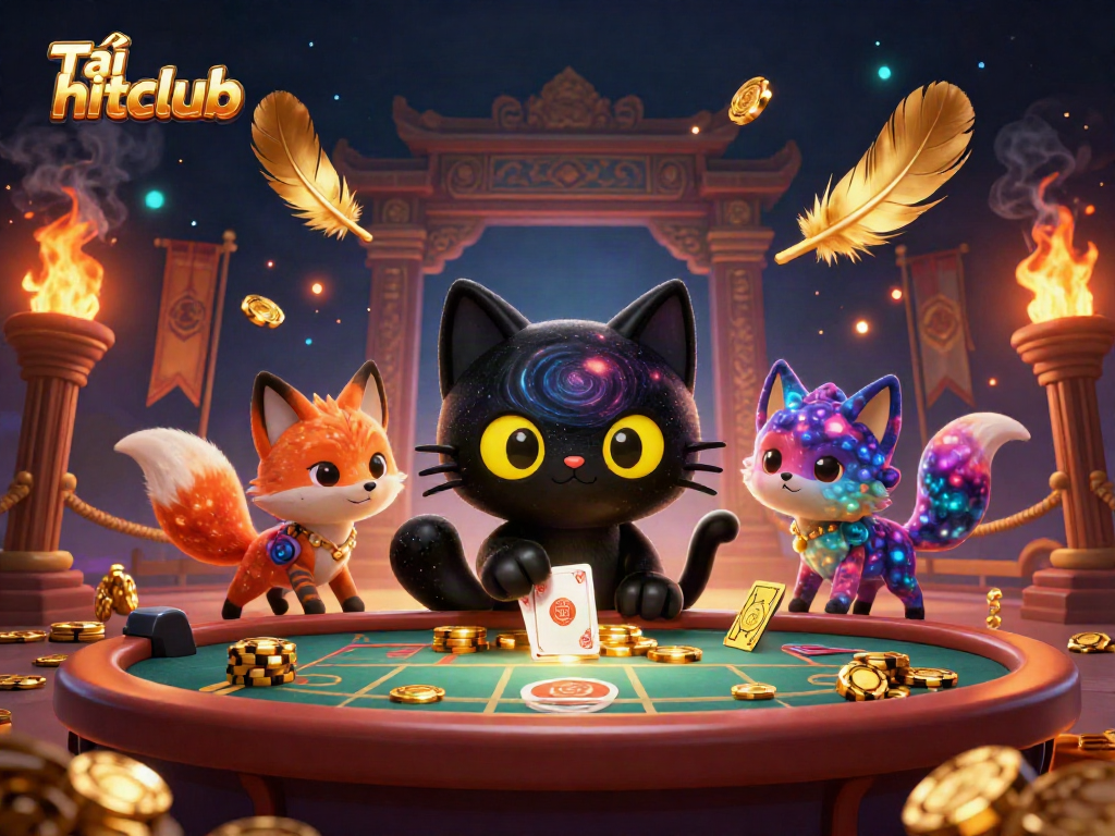 Tải hitclub with a cosmic casino theme featuring a black hole cat and a nebula fox.