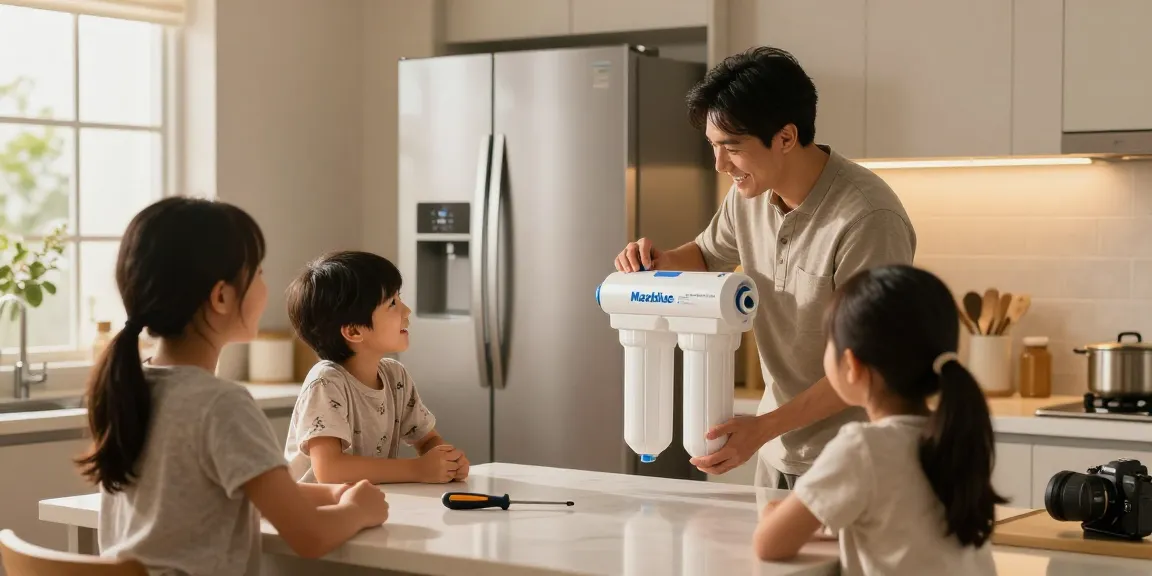 Family installing Maxblue ADQ73613401 Refrigerator Water Filter in a modern kitchen.