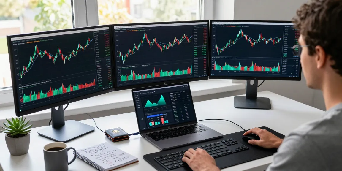 Cricbet cryptocurrency trading setup with multiple screens displaying crypto exchange data and DeFi platform insights in a modern office.
