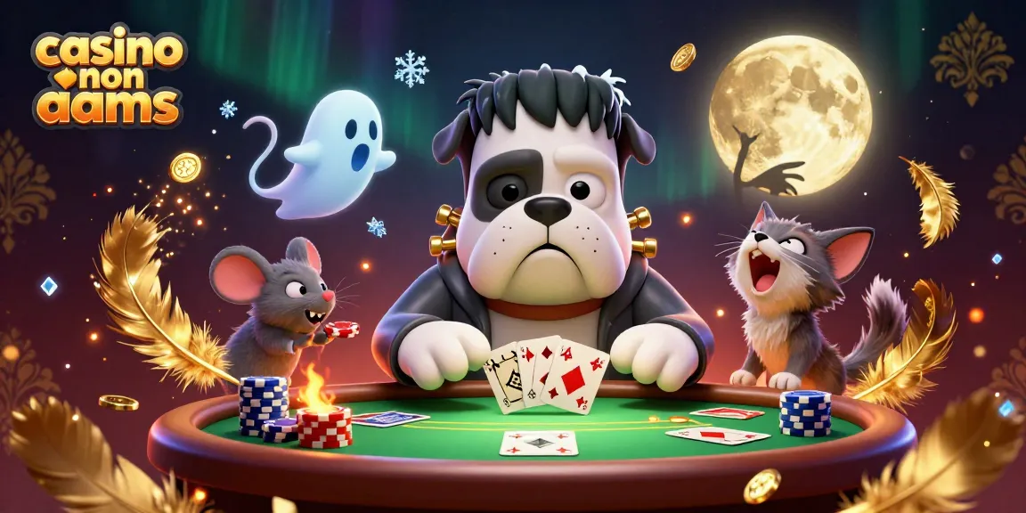 Giocatori ai casino non AAMS, con un bulldog Frankenstein che distribuisce carte e un topo fantasma nei gettoni.