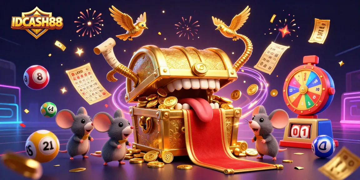 Engage with IDCASH88's exciting lottery scene featuring bouncing colorful balls and dynamic prize elements.