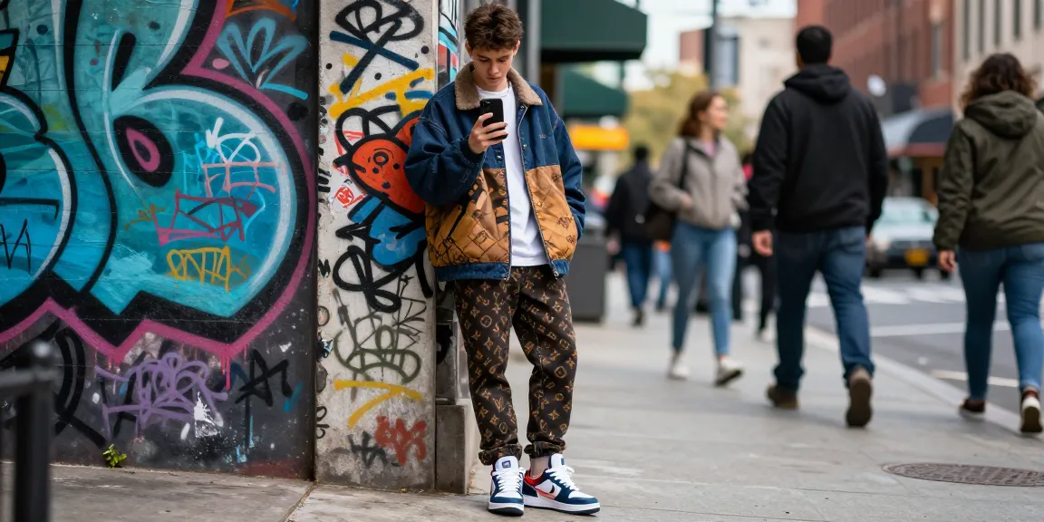Stylish urban model showcasing high-quality 레플리카 apparel in a vibrant city scene.