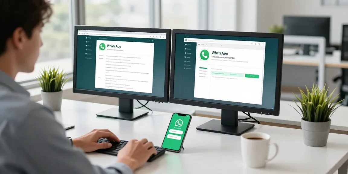 Professional user engaging with WhatsApp網頁版 on multiple devices in a modern office.