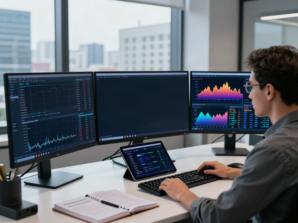 NSE option chain API displayed on multiple monitors in a professional trading workspace with financial analysis tools and urban views