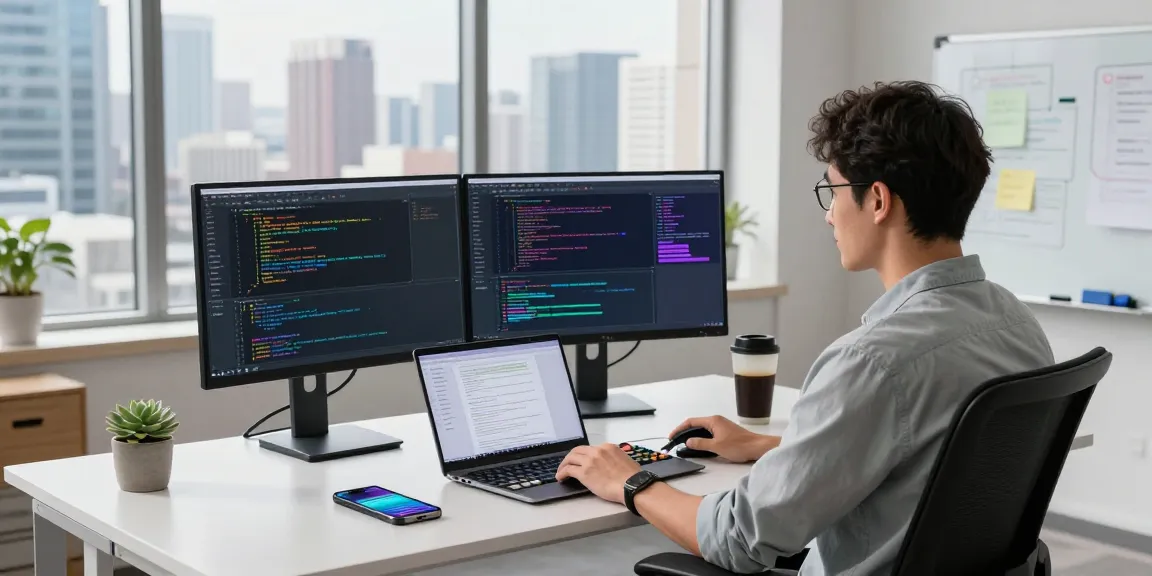 Dynamic tech workspace showcasing the paper plane software development environment with dual monitors displaying vibrant code snippets and modern office elements.