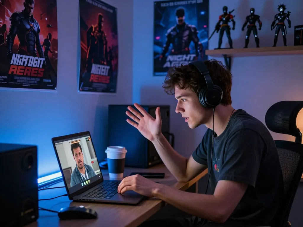 Night Agent Season fan engaging in discussion, surrounded by show memorabilia in a vibrant urban setting.