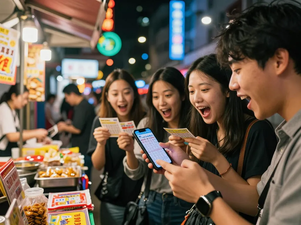 Community celebrating Hongkong Lotto results amid colorful urban nightlife.