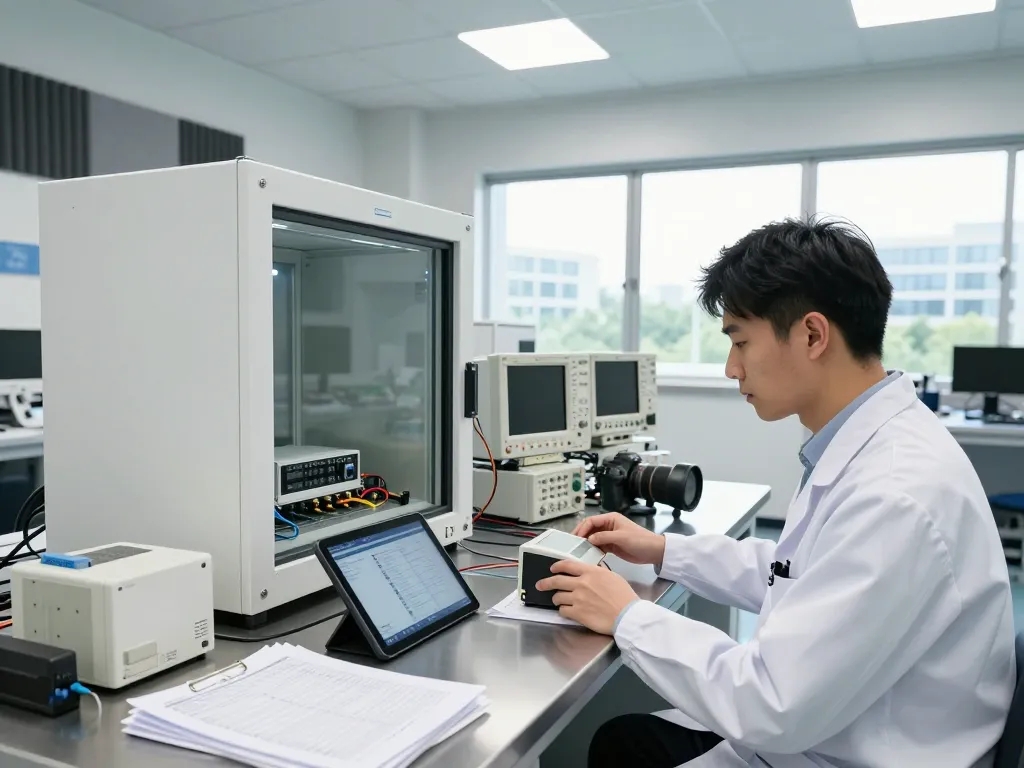 Engineer performing ICES compliance testing in a high-tech EMC lab