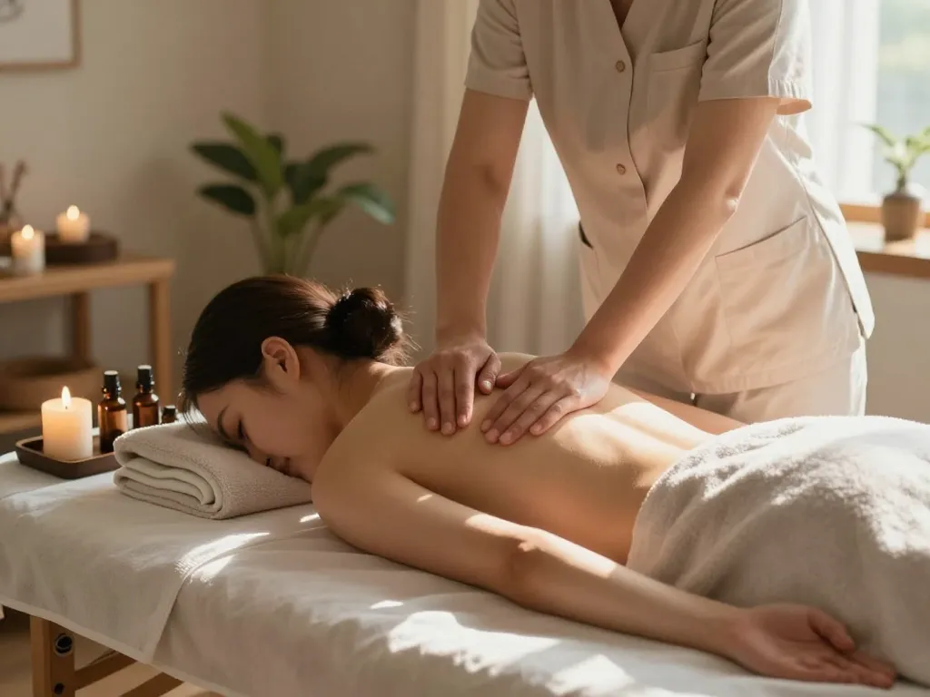 출장마사지 in a serene home spa environment with soothing lights and oils.