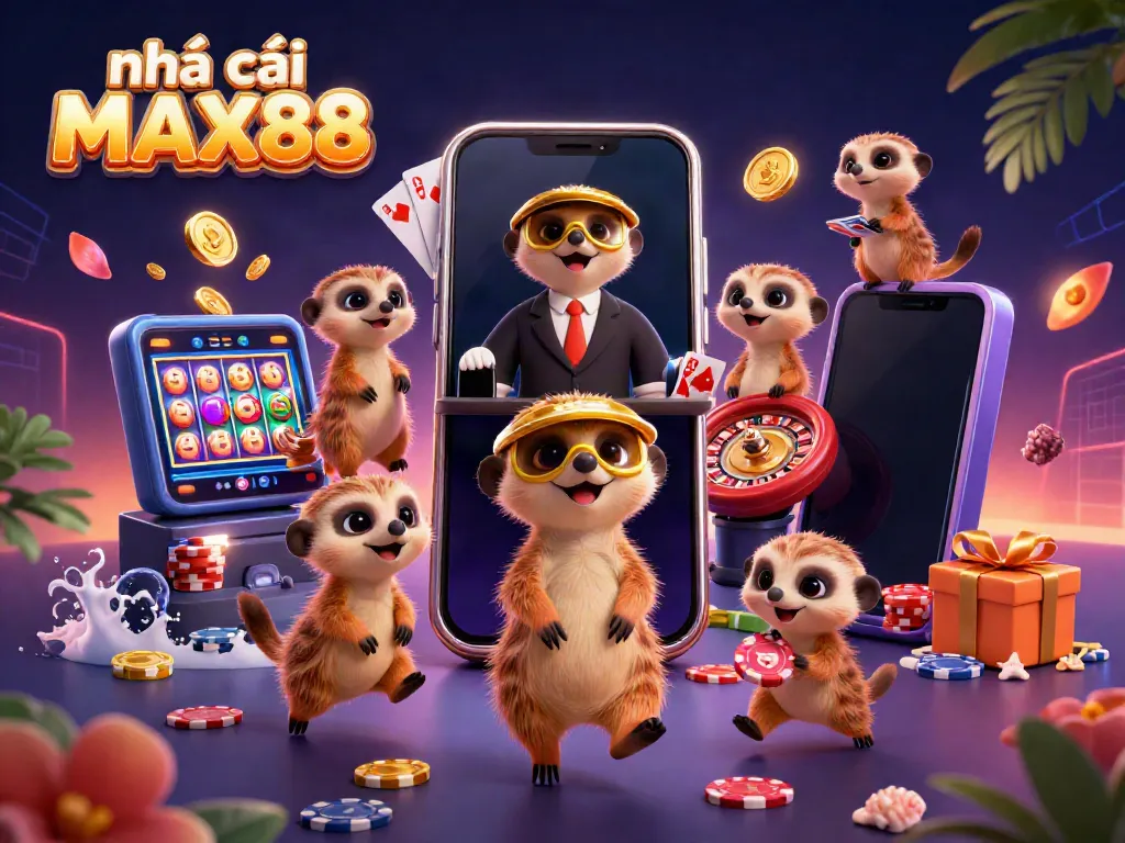 Experience the vibrant and colorful casino environment at nhà cái MAX88 featuring playful meerkats engaging in various gaming activities.