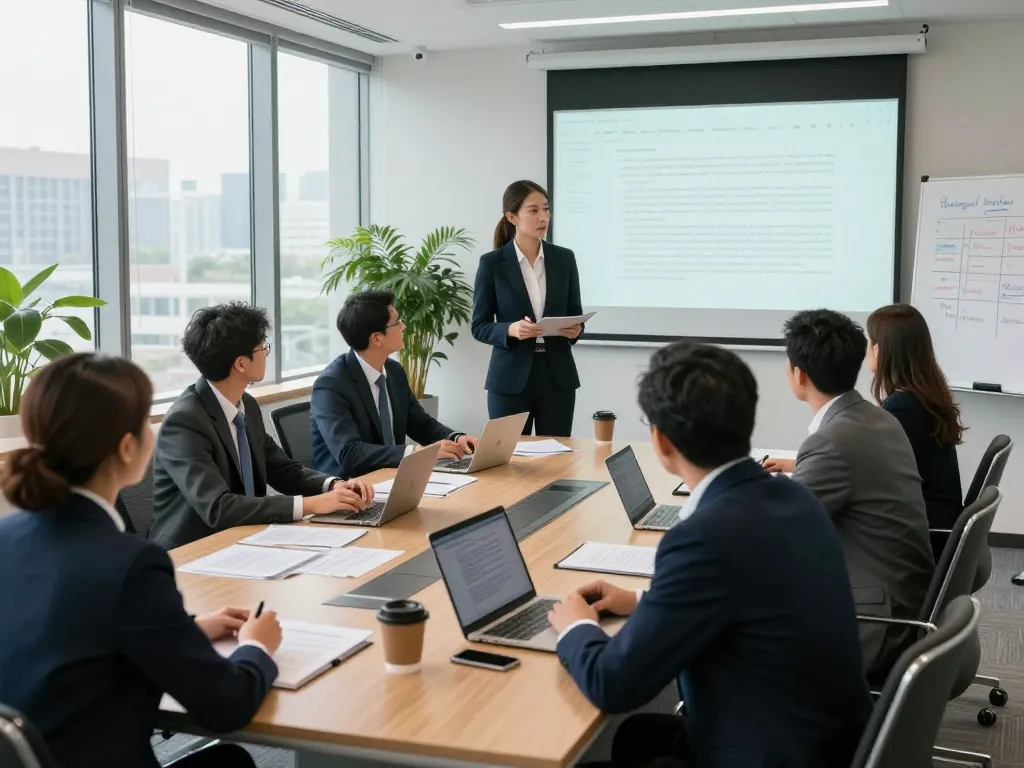US legal professionals collaborating in a modern office with laptops and documents.