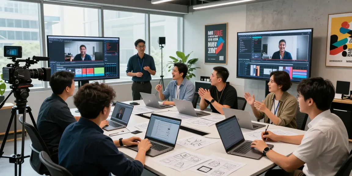 Singapore's leading corporate video production company team collaborating creatively in a modern studio setting, showcasing teamwork and innovative video projects.
