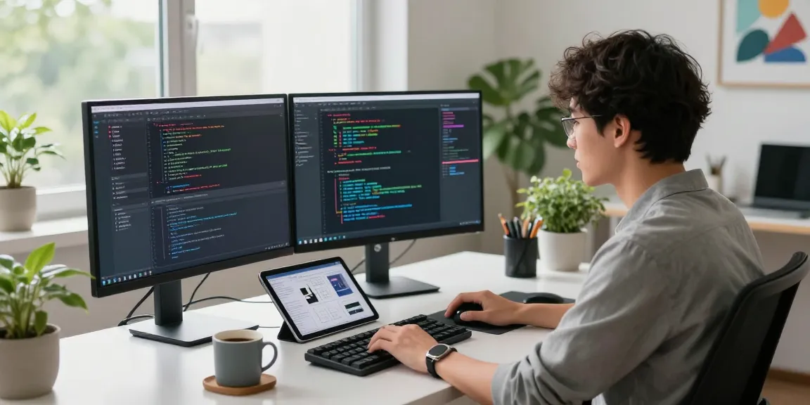 Developer using 截图软件 in a modern office workspace, with dual monitors and natural lighting.