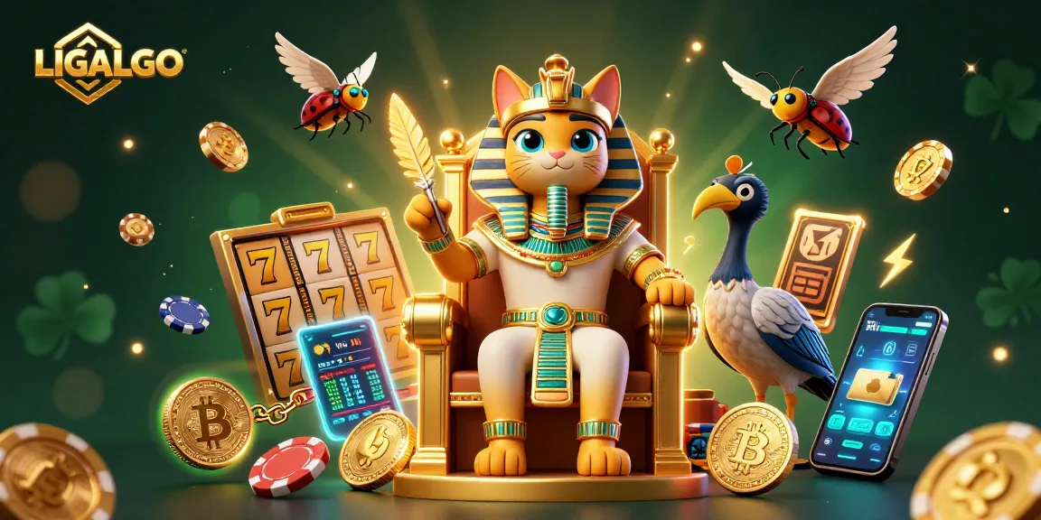 LIGALGO showcases a vibrant pharaoh cat surrounded by slot reels and Bitcoin coins in a dynamic casino scene.