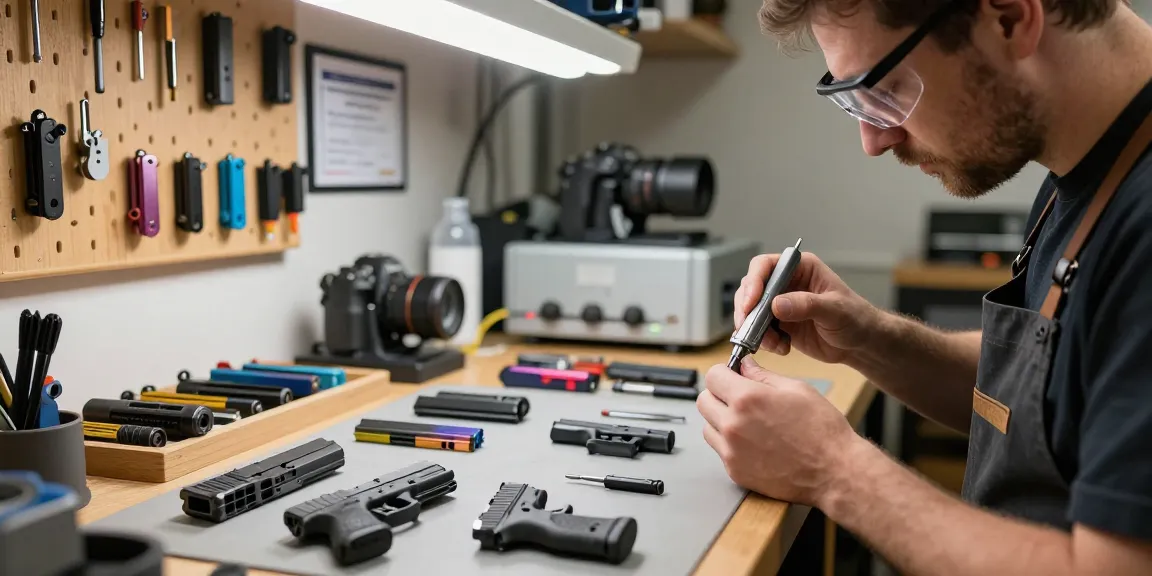 Precision gunsmith assembling Glock slides at https://precisionglockslides.com workshop, highlighting custom features and attention to detail.