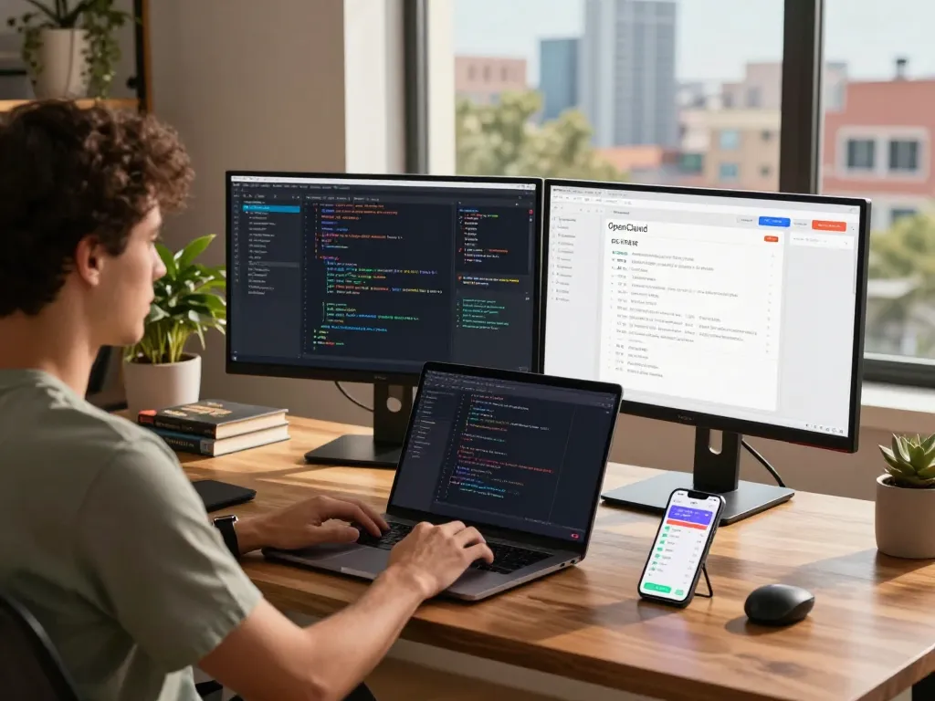 Developer using openclawd on dual monitors in a modern home office setting