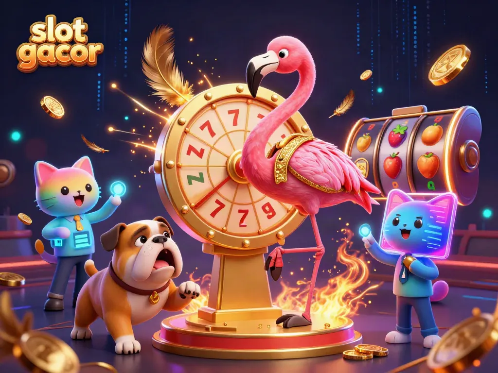 Experience the excitement of slot gacor with a game show host, excited bulldog, and scoreboard cat amidst vibrant casino elements.