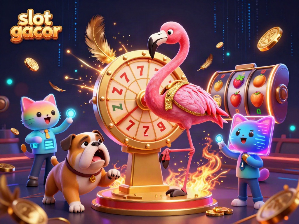 Experience the excitement of slot gacor with a game show host, excited bulldog, and scoreboard cat amidst vibrant casino elements.