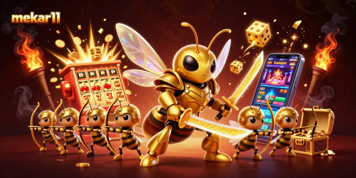 Mekar11 showcases a vibrant online slot victory scene with colorful elements bursting from a massive slot machine.