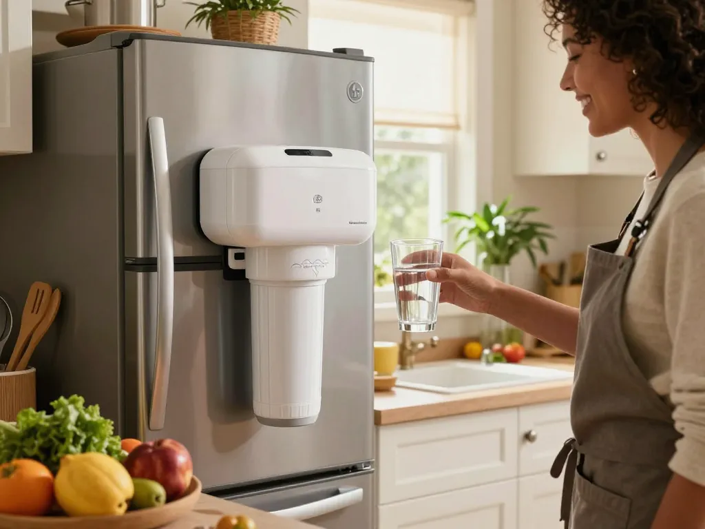 Waterspecialist Replacement for GE® RPWFE® filter being used in a bright kitchen for clean and healthy drinking water.