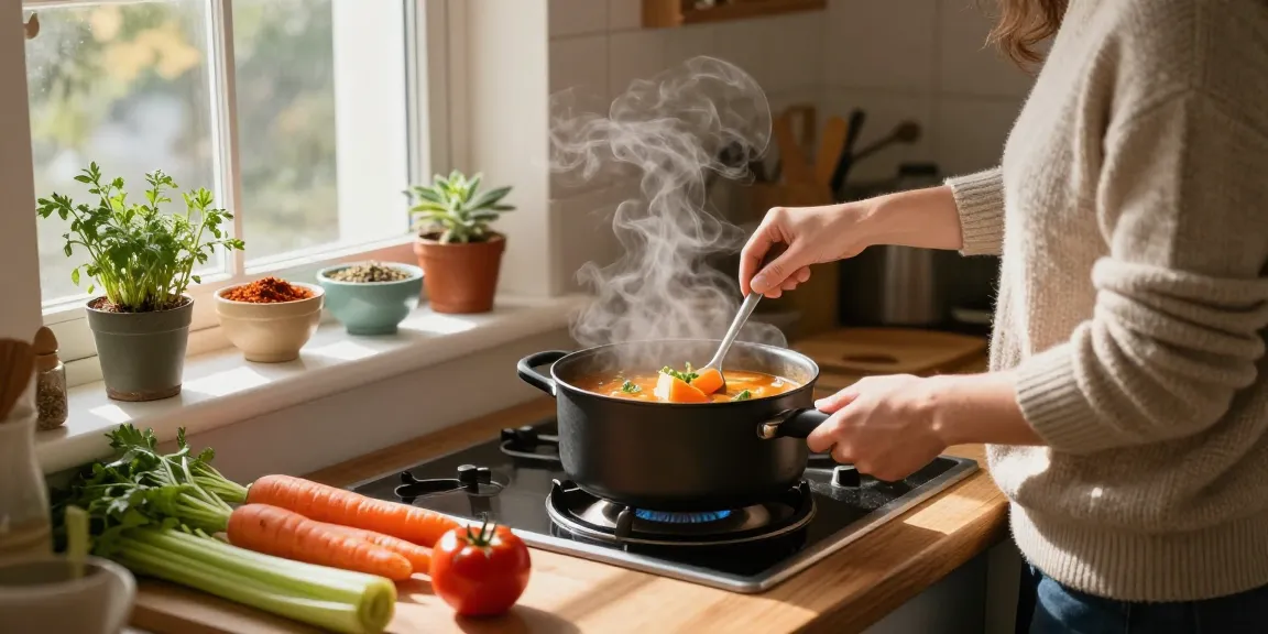 Leckere vegane Suppe wird in einer gemütlichen Küche zubereitet, mit frischen Zutaten wie Karotten und Kräutern.