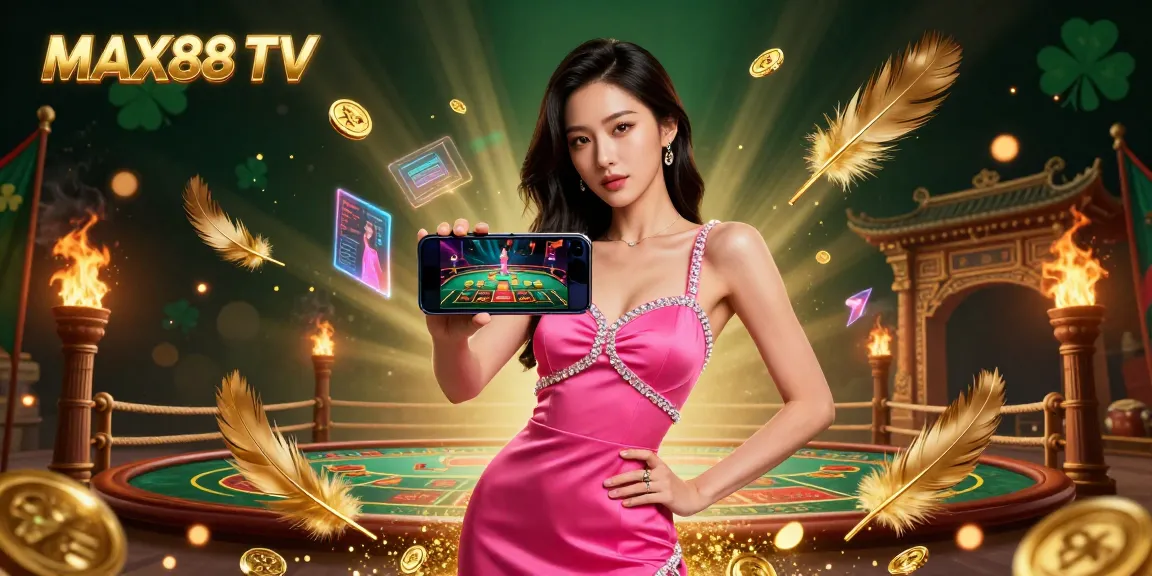 Experience thrilling gameplay at MAX88 TV with a stunning Asian woman showcasing live dealer games amidst vibrant casino elements.