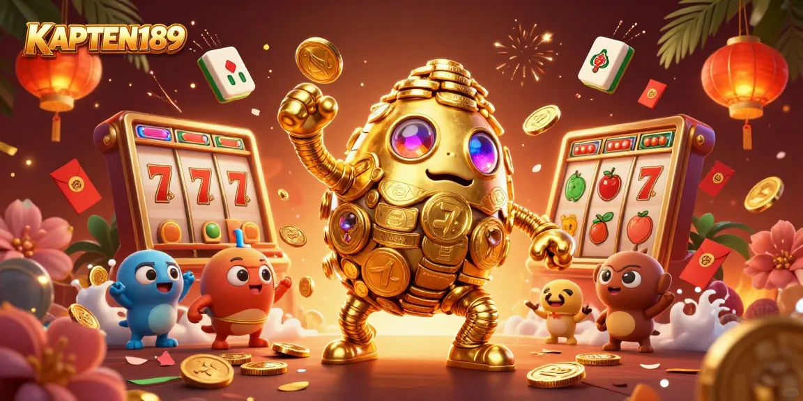 KAPTEN189 menarik pemain dengan ilustrasi golem emas dan simbol slot yang megah.