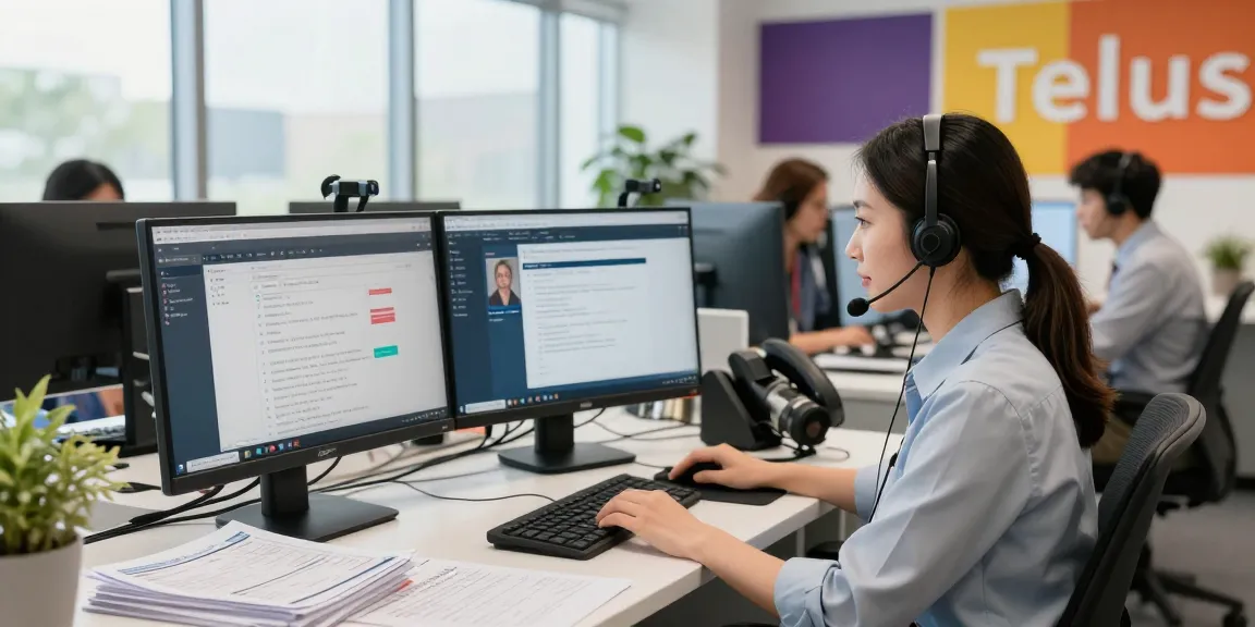 Customer support representative providing Telus-Technical-Support in a modern office environment.