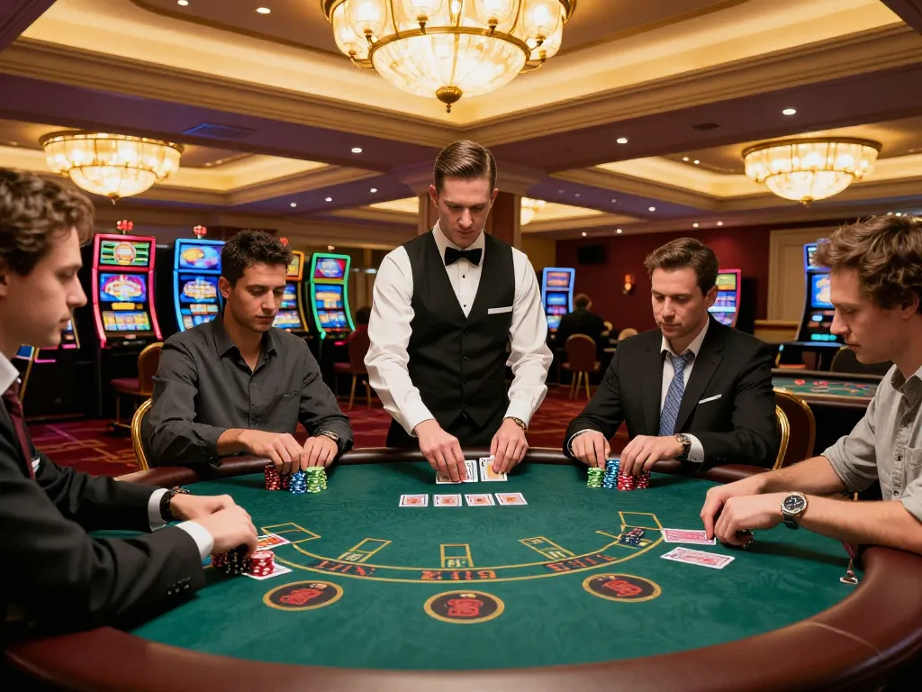 Players engaging in intense gameplay at a blackjack table, showcasing the pajaktoto link experience in an upscale casino setting.