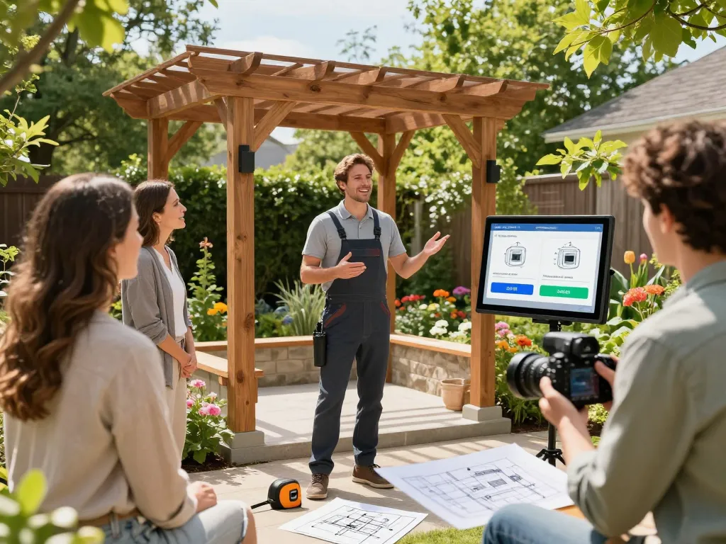 Interactive presentation of Pergola Configurator Software with homeowners discussing design options.
