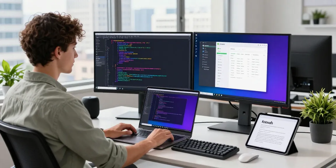 Kotlin app development training in a modern workspace, showcasing a developer coding on dual monitors while engaging with design software.