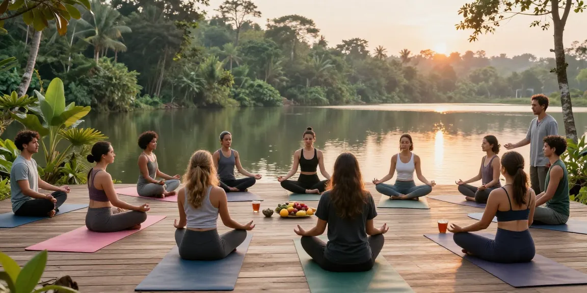 Yoga teacher training Sri Lanka with students meditating by the lakeside at sunrise.